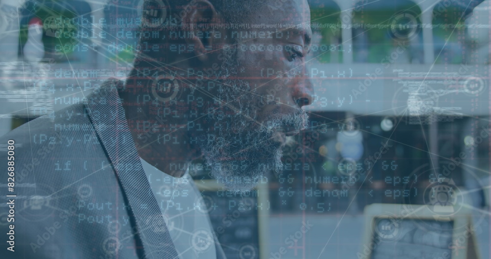 Poster image of data processing over network of connections and man in face
