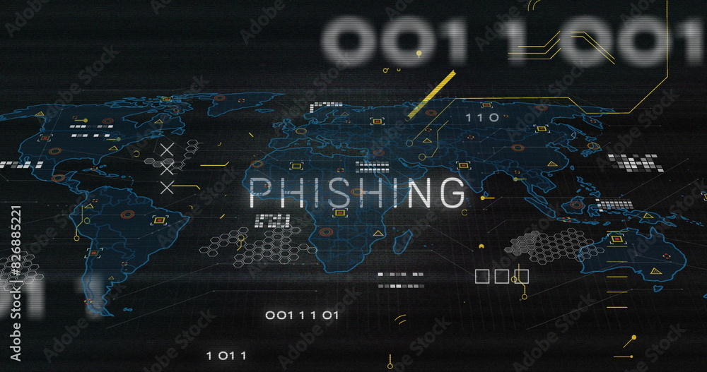 Poster image of circuit board pattern around phishing text over map against black background