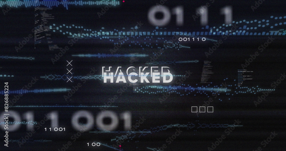 Poster image of hacked text, circuit board pattern over soundwaves and computer language