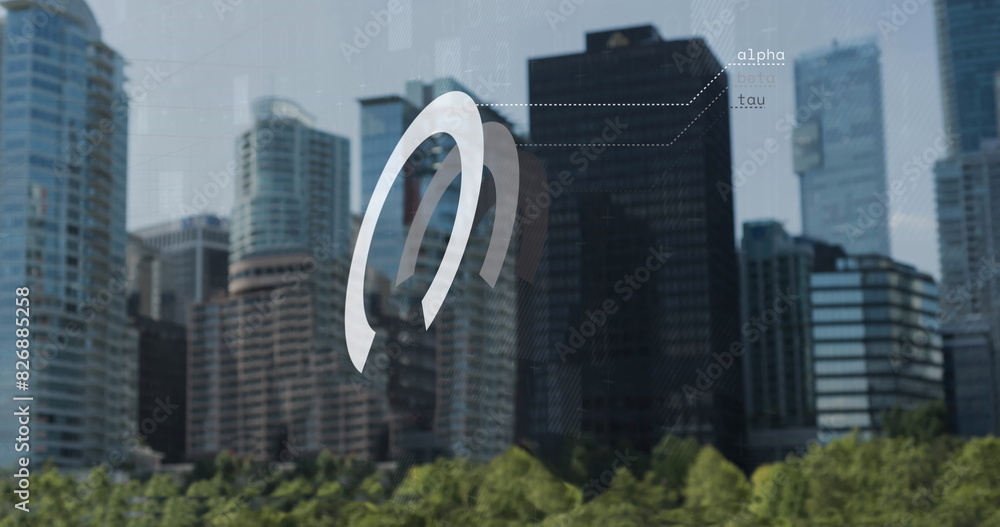 Poster image of data processing against view of tall buildings