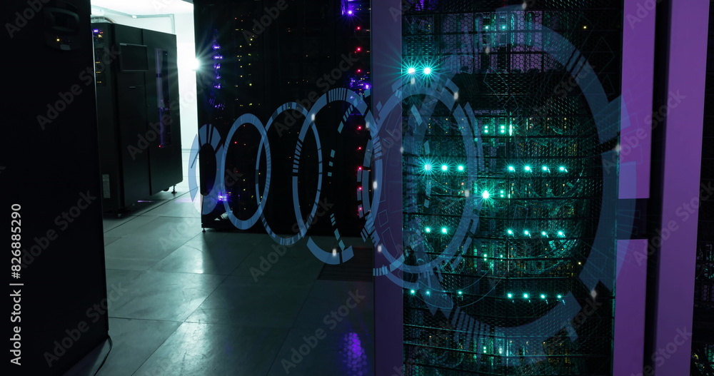 Poster image of moving circles forming tunnel over illuminated server room in background