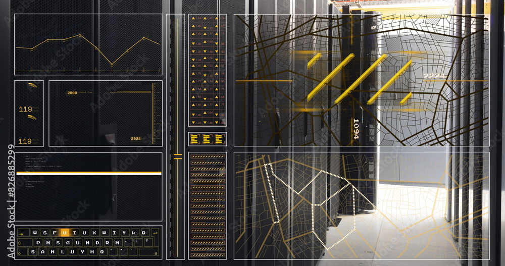 Poster image of graph, loading circles and bars, lines, navigation pattern over server room