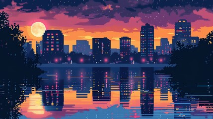 Citypop style flat design front view nightlife theme water color Complementary Color Scheme