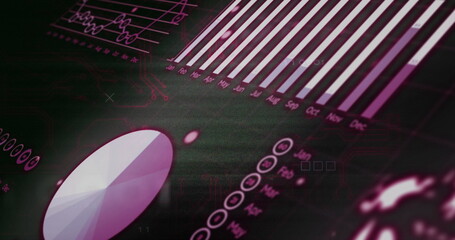 Image of computer language over graphs, globe and numbers against black background