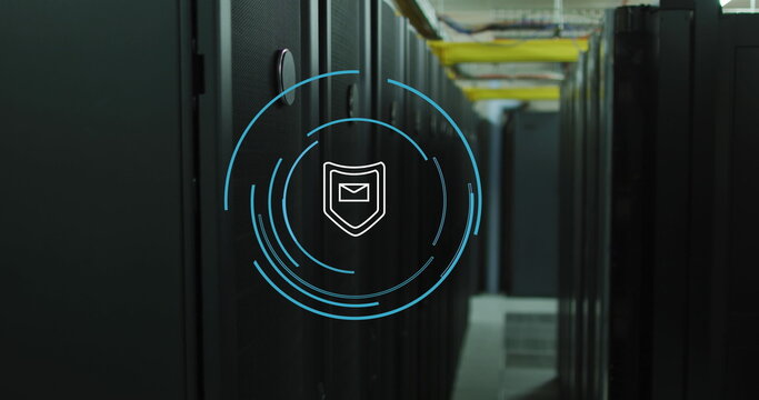 Image of shield with envelope icon and circles over server room