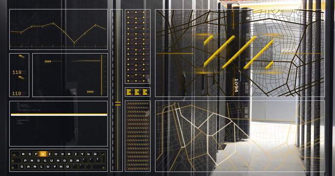 Image of graph, loading circles and bars, lines, navigation pattern over server room