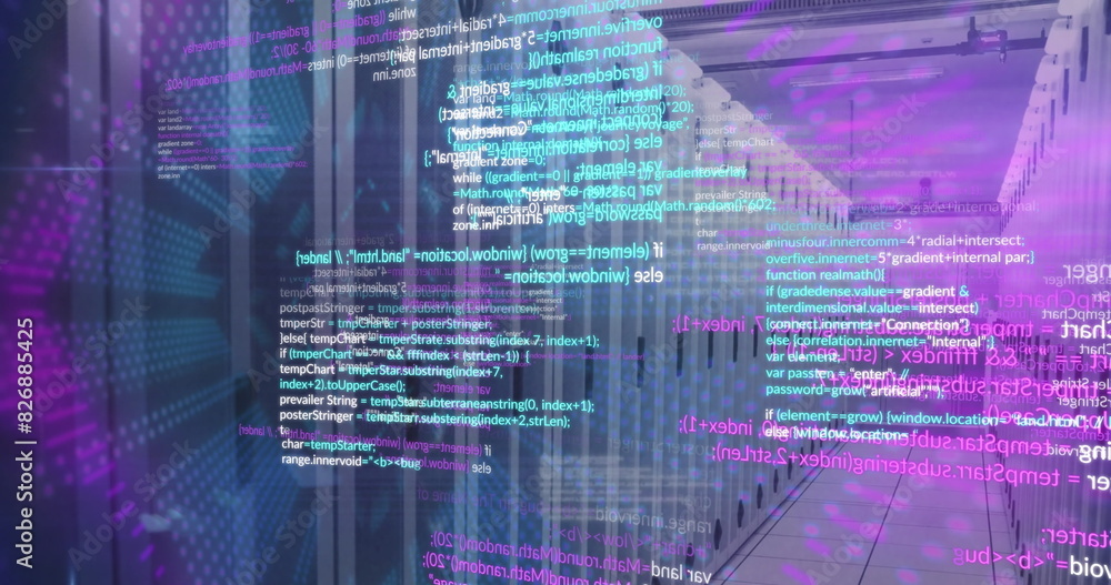 Poster image of data processing and neon tunnel in seamless pattern against computer server room
