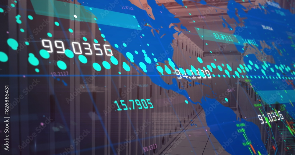 Poster image of data processing and round shape in seamless pattern against computer server room