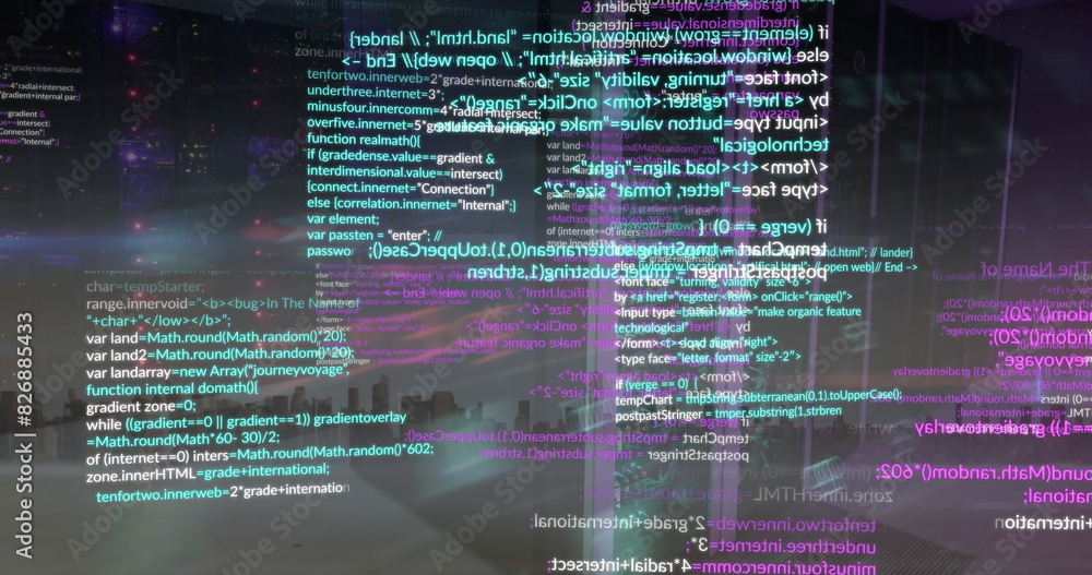 Poster image of cyber security data processing over computer server room against view of cityscape