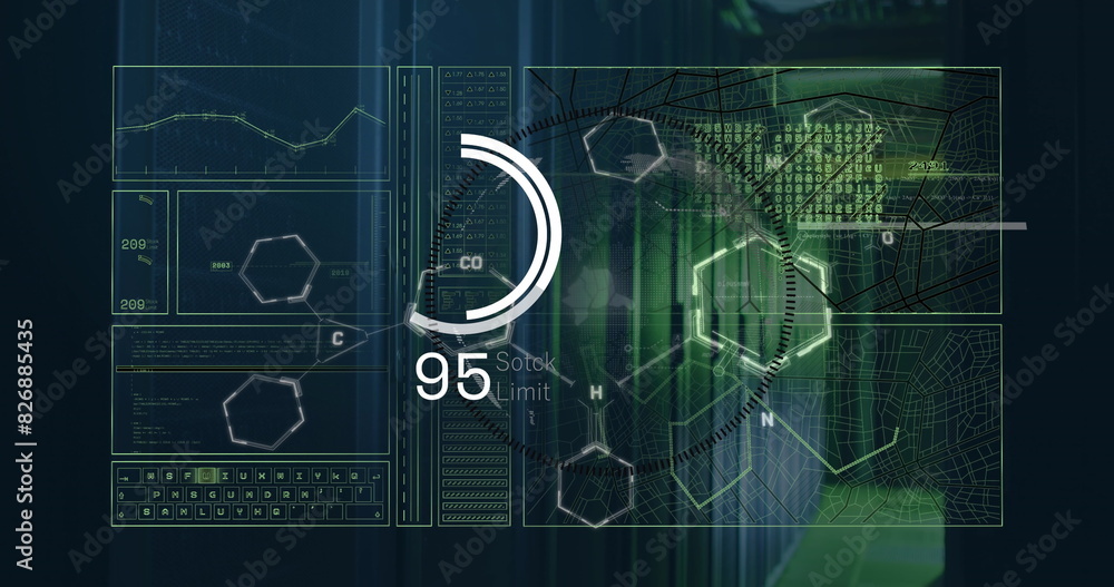 Poster image of interface with data processing over spinning globe against computer server room