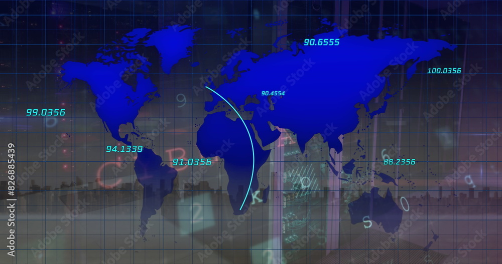 Poster image of cyber security data processing and world map over server room against view of cityscape