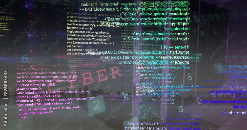 Poster image of cyber security data processing over computer server room against view of cityscape