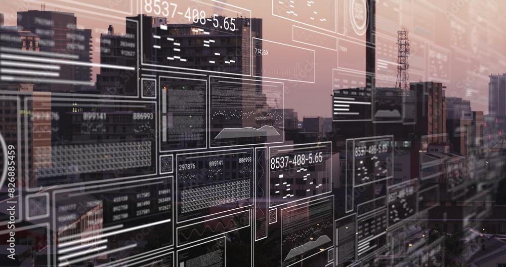 Poster image of loading bars, circles, graphs and changing numbers over modern city in background