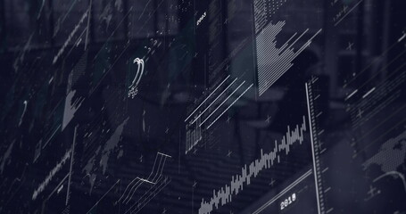 Image of interface with data processing over spinning globe against empty office