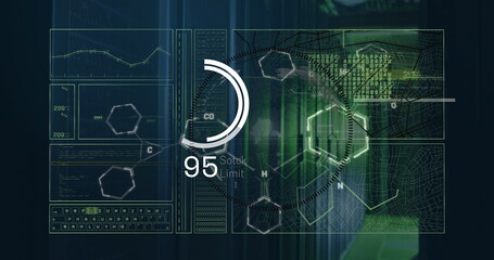 Image of interface with data processing over spinning globe against computer server room