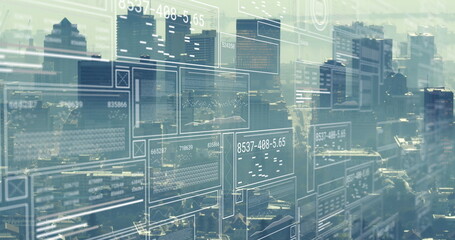 Image of interface with data processing against aerial view of cityscape