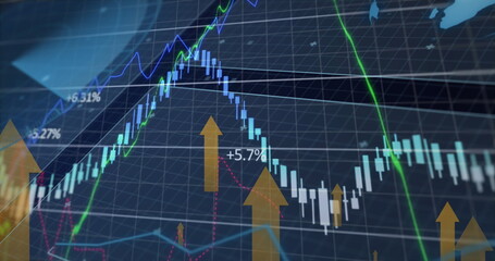 Orange upward arrows, globe, graphs and data processing on black background
