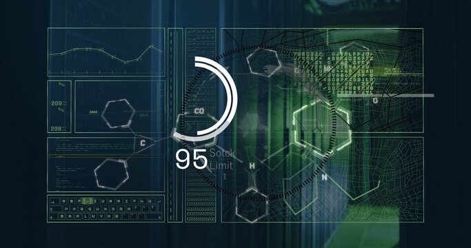 Image of interface with data processing over spinning globe against computer server room