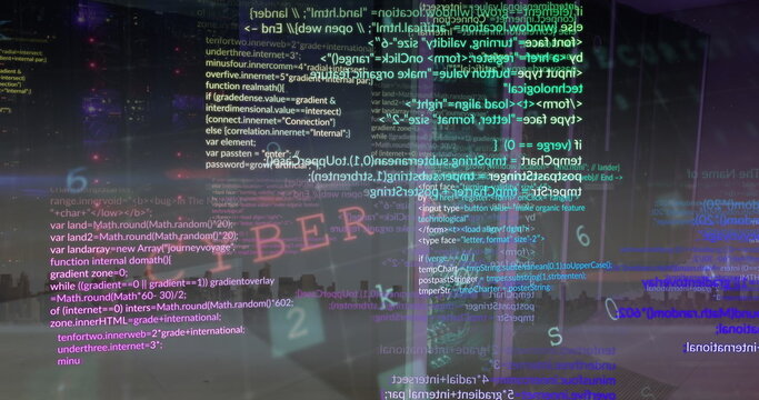 Image of cyber security data processing over computer server room against view of cityscape