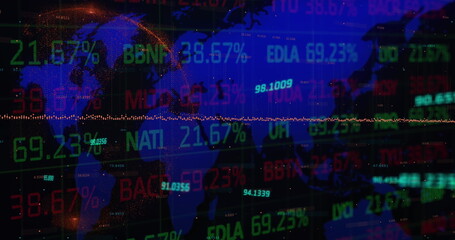 Image of stock market data processing over world map against black background