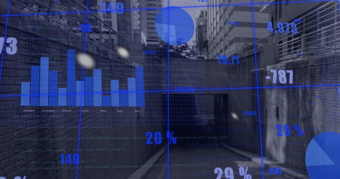 Image of statistical data processing over grid network against city street