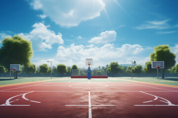 wide shot of a basketball court on a sunny day