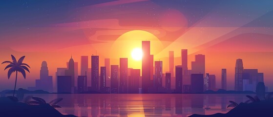 Citypop style flat design front view sunset theme animation Analogous Color Scheme