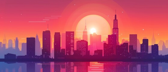 Citypop style flat design front view sunset theme animation Analogous Color Scheme