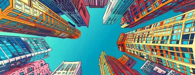 Citypop style flat design top view skyscrapers theme cartoon drawing vivid