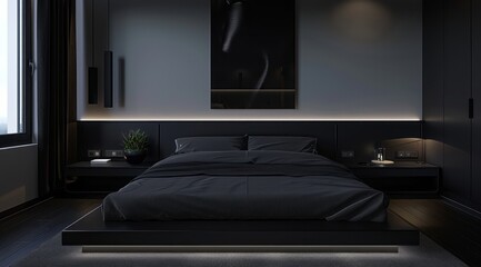 A minimalist black bedroom interior with a focus on simplicity, featuring a black platform bed, minimalist artwork, and soft ambient lighting