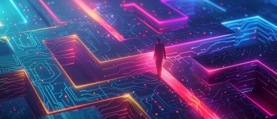 Abstract Digital Maze with Glowing Paths Representing Business Challenges