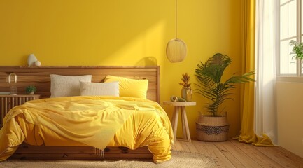 A minimalist yellow bedroom with bright wooden furniture and natural wooden tables, creating a warm and inviting atmosphere