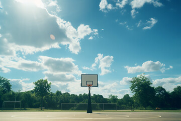 wide shot of a basketball court on a sunny day