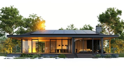 Modern house with solar panels on the roof, isolated on a white background, with a detailed rendering in a minimalist style,