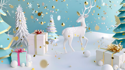Low poly 3D image of happy new year, christmas winter festive composition. colorful christmas background with realistic 3D decorative design objects.