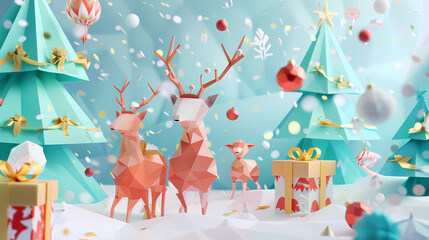 Obraz premium Low poly 3D image of happy new year, christmas winter festive composition. colorful christmas background with realistic 3D decorative design objects.
