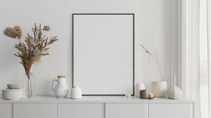 Modern interior design background with mockup poster frame on white cabinet,