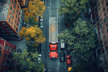 Enjoy a scenic aerial view of colorful city traffic amidst vibrant autumn foliage - Powered by Adobe
