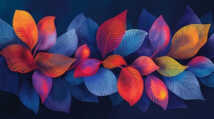 Artistic depiction of vivid leaves in various colors on a dark backdrop, forming a mesmerizing abstract pattern.