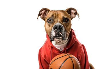 Adorable brown dog wearing a red hoodie and holding a basketball, isolated on a white background.