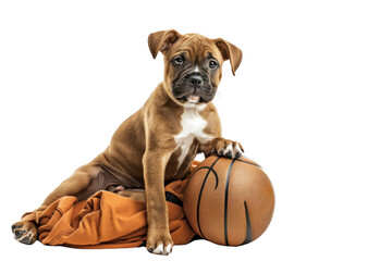 Adorable brown puppy sitting with a basketball and orange cloth, showcasing cute and playful behavior. Perfect for pet and sports themes.
