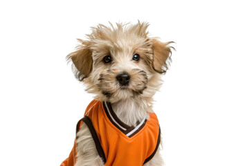Adorable golden retriever puppy wearing an orange jersey, posing with a basketball, isolated on white background.