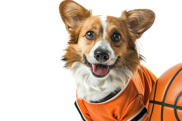 Cute dog in a basketball jersey smiling with basketball shirt. Adorable pet playing sport in an orange uniform. Isolated on white background.