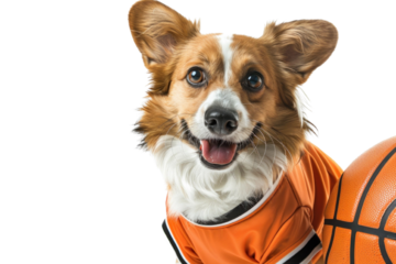Cute dog in a basketball jersey smiling with basketball shirt. Adorable pet playing sport in an orange uniform. Isolated on white background.