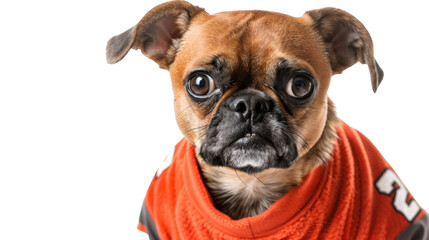 Adorable dog wearing an orange sports jersey, looking attentively, isolated on white background.