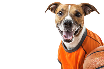 Adorable dog wearing an orange jersey, smiling with a basketball. Perfect for sports,fun,and pet-related themes.Creative stock photo.
