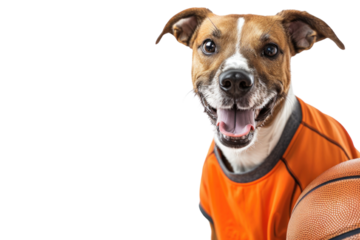 Adorable dog wearing an orange jersey, smiling with a basketball. Perfect for sports,fun,and pet-related themes.Creative stock photo.
