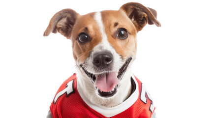 Adorable Jack Russell Terrier wearing a red sports jersey, smiling and looking directly at the camera with a happy expression.