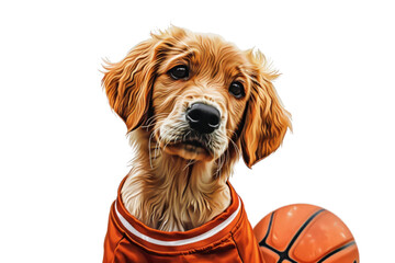 Adorable golden retriever puppy wearing an orange jersey, posing with a basketball, isolated on white background.