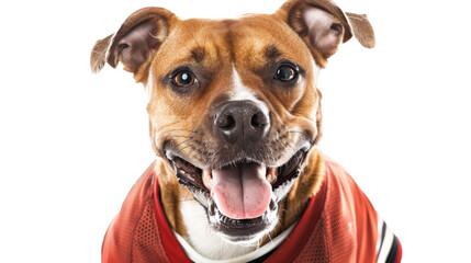Smiling brown and white dog wearing a red jersey on a white background, conveying happiness and joy.